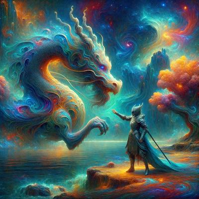 The primary subject of the image is a person standing on a rock, holding a sword. The setting is a colorful, surreal landscape featuring a dragon and a tree. The visual style is digital art, with a vibrant and imaginative atmosphere. The dominant colors include shades of blue, green, and orange, creating a lively and fantastical scene.